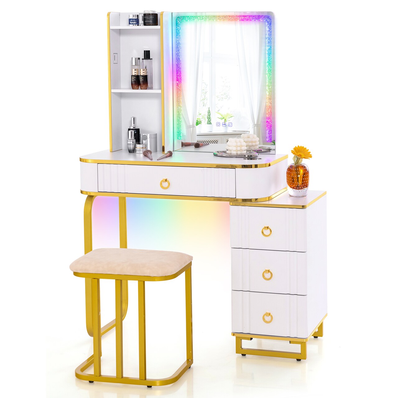 Vanity Table Set With Rgb Led Lights And Wireless Charging Station